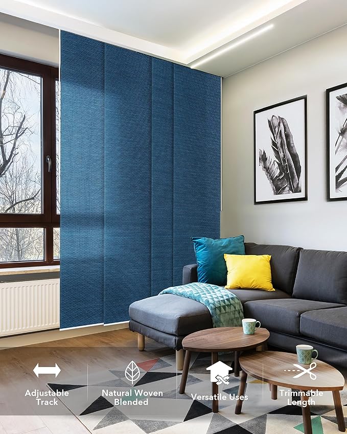 GoDear Design Adjustable Vertical Blinds for Sliding Glass Doors 45.8"- 86" W x 96" H, Extendable Sliding Panel Track Blinds for Windows, Blue Shimmering Trimmable Fabric Panels, Semi-Sheer, Sapphire