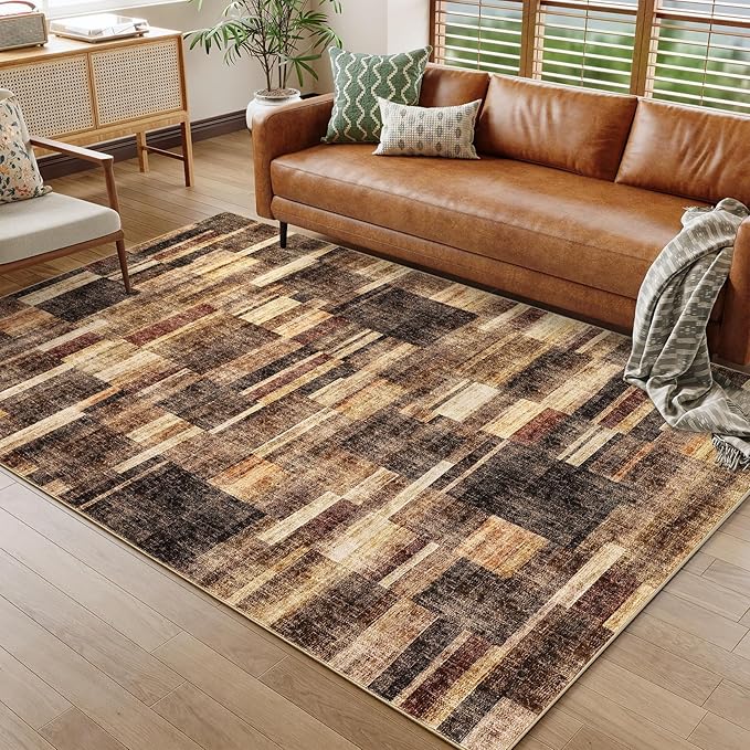 Modern Area Rugs 5x7 Washable Rugs for Bedroom Geometric Throw Rugs with Non-Slip Backing, Non-Shedding Contemporary Accent Carpet, Low Pile Floor Cover for Bedroom, Office, Brown