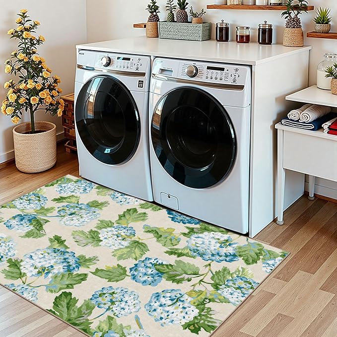 3x5 Floral Entry Rug - Small Washable Indoor Outdoor Mats for Front Door Non-Slip Porch Rug Blue Green Botanical Flower Throw Rugs for Living Room Bedroom Entryway Kitchen Office Porch Decor