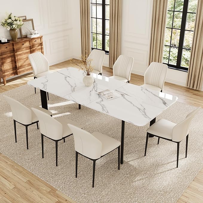 Extendable Dining Table Set for 6-8 People, 63 to 78.7 Inch MDF Kitchen Table with 8 Faux Leather Dining Chairs, Space-Saving for Dining Room, Breakfast Nook (White Table & 8 White Chairs)