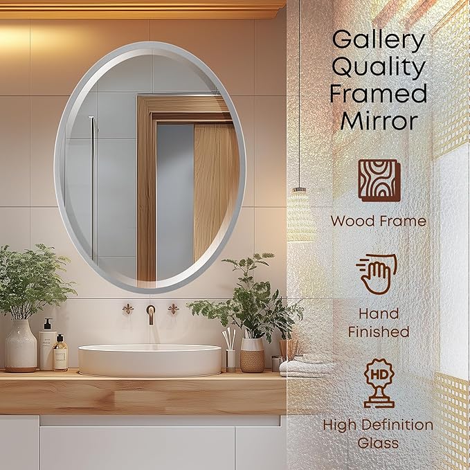 OVALCREST - Oval Wooden Beveled Wall Mirror for Home Decor, Bathroom, Vanity, Bedroom, Living Room, Hallway - London Style (Silver Spray) 25.1 x 21.1