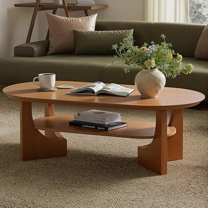 Mid Century Modern Coffee Table, 47" Oval Wood Coffee Tables for Living Room, 2 Tier Curved Round Center Table with Storage Shelf & Sturdy Base, Minimalist Retro Tea Tables