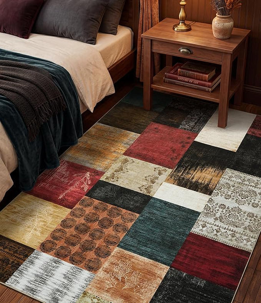 YIHOUSE Mid Century Modern Vintage Cowboy Area Rug 3x5 for Bedroom,Retro Patchwork Living Room Rug Non Slip,Red and Brown Floral Farmhouse Rugs Washable, Geometric Boho Rugs for Kitchen,Dining Room