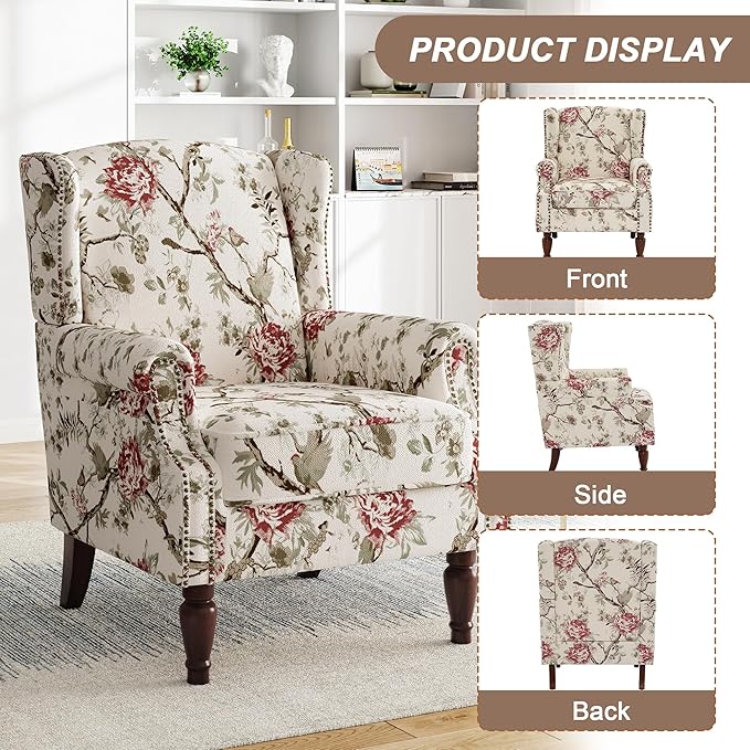 Pia Ricco High Back Floral Accent Chair - Retro Wingback Upholstered Armchair with Nailhead Trim, Solid Wood Legs, Fabric Living Room Bedroom Reading Chair (Flower Beige)
