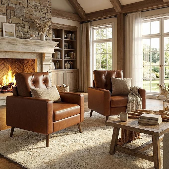 Wahson Office Chairs PU Accent Arm Chair with Tufted Back, Faux Leather Comfy Upholstered Single Sofa, Mid Century Modern Side Club Chair with Wood Legs for Reading/Living Room/Bedroom, Caramel