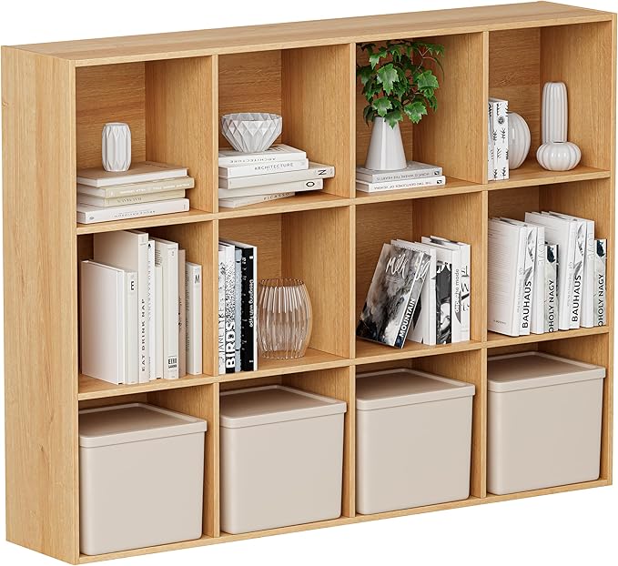 VDNEND Wooden Cube Storage Organizer with Closed Back Panel, 11in Cube Shelf Opening, Bookshelf, Display Shelf,Closet Cabinet for Home and Office (Natural Oak, 12-Cube 35.98L*9.45W*47.72H)