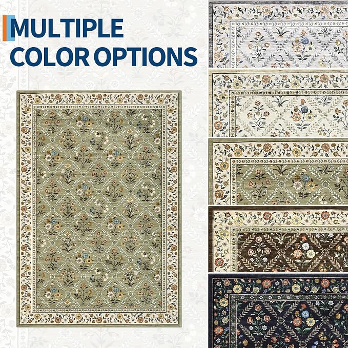 GarveeHome 8x10 Washable Large Living Room Rug Water Resistant Distressed Vintage Floral Rug Non Slip Low Pile Soft for Bedroom Farmhouse Dining Room Kids Playroom Nursery Green