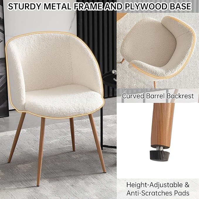 5 Piece Modern Round Dining Table and 4 Off White Barrel Kitchen Chairs Set, 47" Kitchen Table Wooden with Oak Veneer Tabletop, Faux Fur Sherpa Round Dining Chairs Table Set, Metal Frame