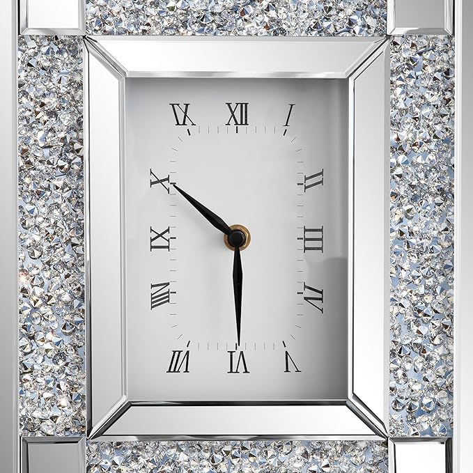 SHYFOY Mirrored Desk Clock, Decorative Table Clocks with Crushed Diamond 13.2x11.8 Luxury Rectangular Crystal Clock with Glass Beveled, Non-Ticking Silver Clocks for Living Room Office Tabletop