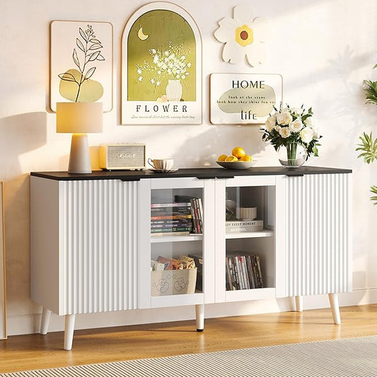 JASIWAY Buffet Cabinet with Storage 55" Fluted Sideboard with Glass Door Modern Coffee Bar Table Accent Credenza Cabinet for Dining Room, Kitchen, Living Room, Hallway, White and Black