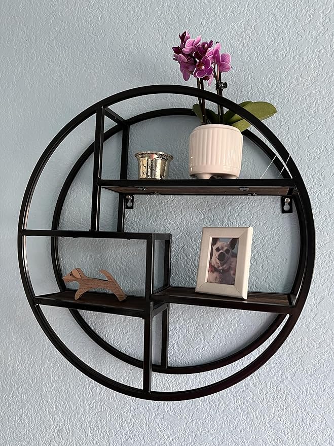 Admired By Nature, 18" Mounted Iron Circle Hanging Storage Shelving Floating Shelf 4 Tier Floating Circular Wall Decor Round Decorative Hanging Shelves, Sphere Shape Wall Shelf For Home, Black, 1 unit
