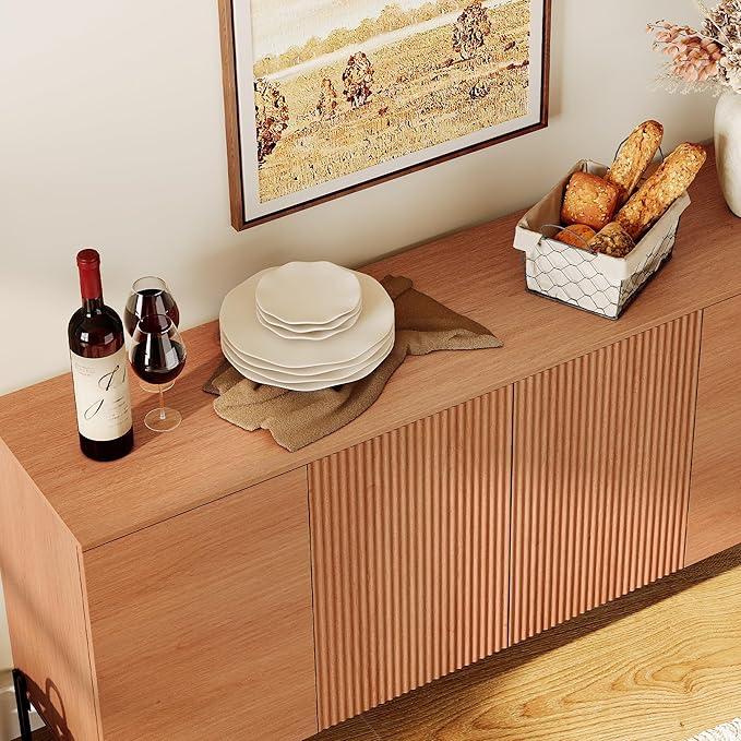 WAMPAT Fluted Buffet Cabinet with Storage, 61.6" Large Sideboard Cabinet with Storages, Modern Buffet Table Coffee Bar Wine Bar Storage Organizer with 4 Doors for Kitchen, Dining Room, Hallway, Mocha