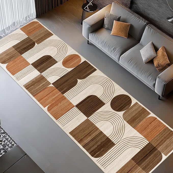 Machine Washable 2.7x10 Runner Rug, Soft Modern Geometric Abstract Orange Rugs for Bedroom Living Room, Non-Shedding Faux Wool Indoor Throw Floor Carpet for Office Entryway Dining Room Decor