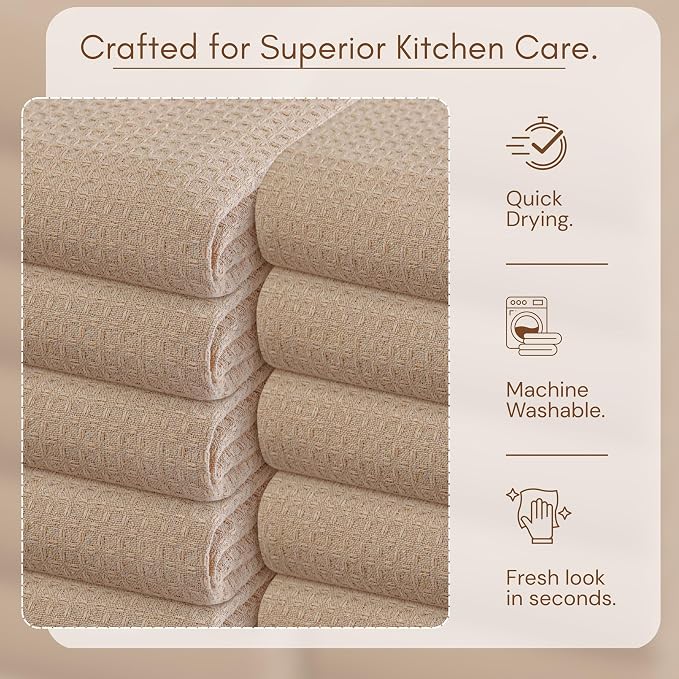 TWINY threads Waffle Kitchen Towel Pack of 4, 16x26 Inches, Premium 100% Cotton Kitchen Linen Set, Absorbent Dish Cloths for Cleaning and Drying, Machine Washable, Durable, Quick Dry, Beige