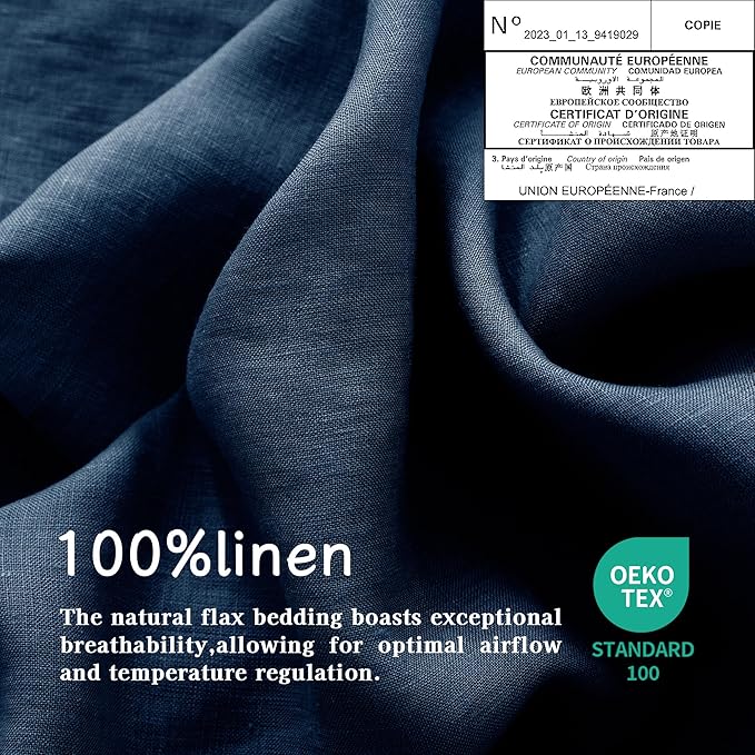 EVERLY Linen Sheets Set Full Size,100% French Stonewash Pure Linen Sheets Set,4Pieces (1Flat Sheet,1Fitted Sheet,2Pillowcase) Suitable for Hot Sleepers,Deep Pocket Natural Bedding Set-Navy Blue