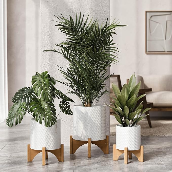 EverNest Claire Boho Modern White Planter with Arch Wood Stand, Indoor Mid-Century Plant Pot, SelectBase, Minimalist Planter Stand Home Décor (Small, 1 Gallon)