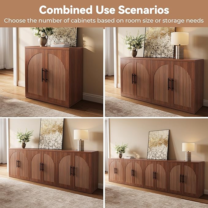 31.5" Fluted Buffet Cabinet with Storage, Mid-Century Symmetrical Arched Sideboard Credenza with Adjustable Shelf, Large Wood Console Table for Dining Room, Kitchen, and Living Room(Walnut)