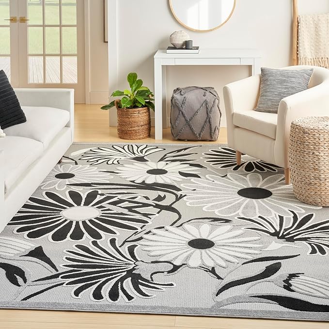 Nourison Home Aloha Black White 7'10" x 10'6" Area Rug - Easy Clean, Non Shedding, Bed Room, Living Room, Dining Room, Kitchen (8' x 11')