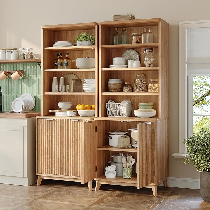 DurayLoly Tall Bookshelf, 6-Tier Bookcase with Fluted Doors & Adjustable Shelves, Mid-Century Cabinet, Modern Wooden Book Shelf for Home Office, Living Room, Kitchen, Light Oak