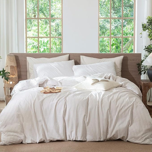 MooMee Striped Duvet Cover Set 100% Washed Cotton Linen Like Textured Breathable Durable Soft Comfy (White Orange Wide Stripes, Twin 68"x90")