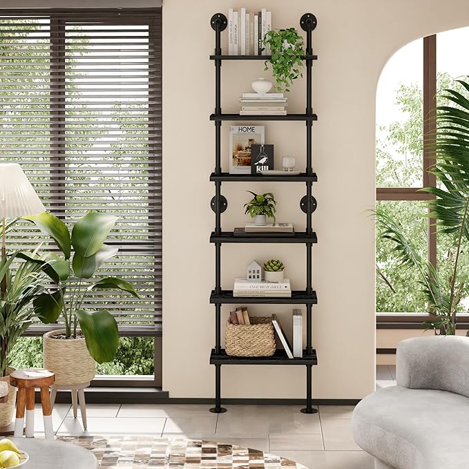 Industrial Ladder Pipe Shelves, Wall Mounted Wood Metal Rustic Bookshelf for Living Room (Black, 6 Tier - 10" D x 24" W x 82.5" H)