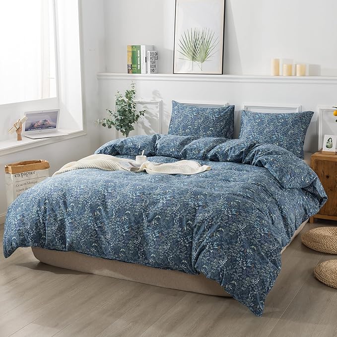 HoneiLife Duvet Cover Sets Twin - 100% Cotton Floral Comforter Cover, 2-PCS Breathable Bedding Set with Zipper Closure & Corner Ties, Wildflower Duvet Cover for All Season Use,Blueblack, King