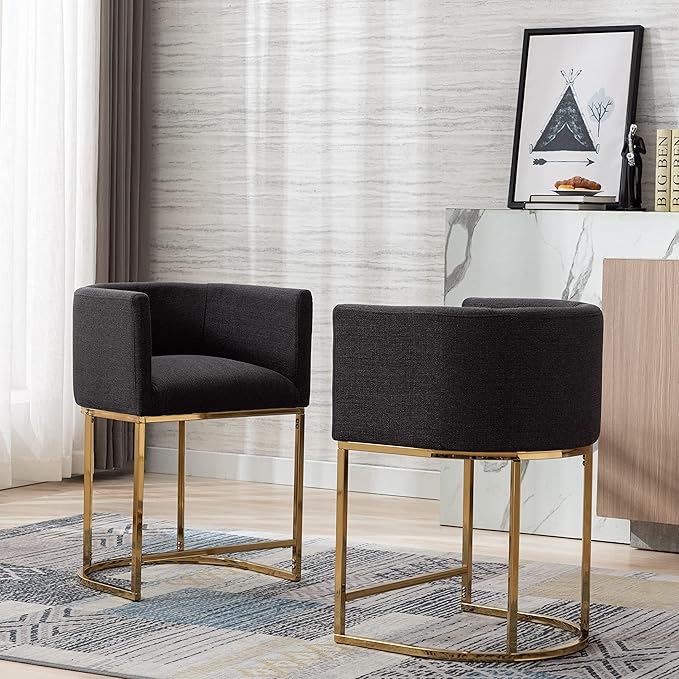 Contemporary Charcoal Linen Bar Stool, 24" Upholstered Fabric Counter Height Barstool Kitchen Counter Island Stool with Screwed Together Golden Metal Base