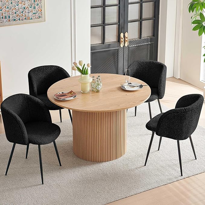 5-Piece Modern Kitchen Dining Room Table Set for 4, 47-Inch Oak Wooden Dining Table Round with 4 Seated Black Arm Chairs Upholstered Sherpa, Mid-Century Breakfast Nook Table Set