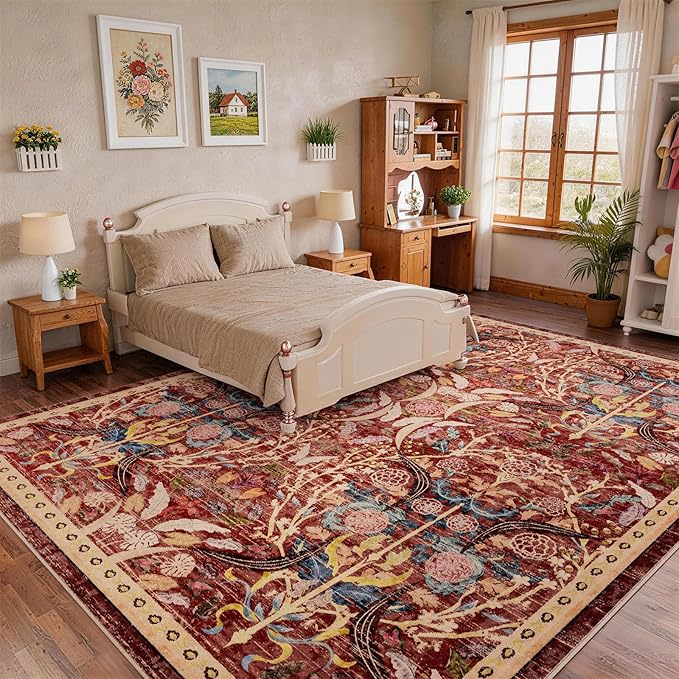 AMTOVO 6x9 Washable Area Rugs for Living Room, Non-Slip Large Soft Boho Floral Vintage Accent Print Carpet for Bedroom Dorm Nursery Room Dining Room Farmhouse Home Office, Red