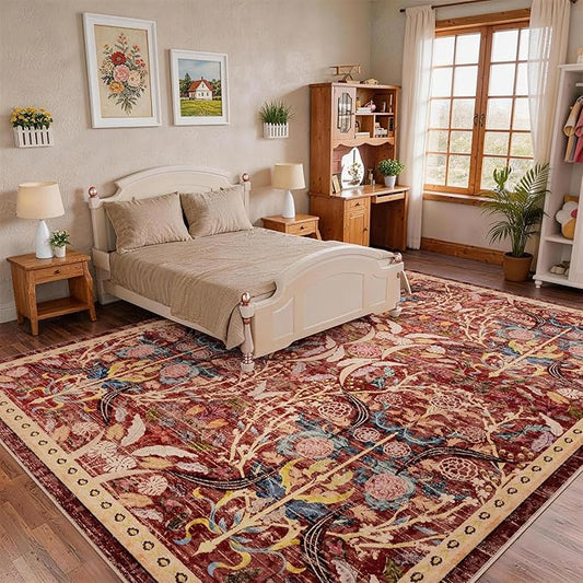 AMTOVO 8x10 Washable Area Rugs for Living Room, Non-Slip Large Soft Boho Floral Accent Rug, Vintage Pattern Printed Carpet for Bedroom Dining Room Farmhouse Nursery Room Home Office, Red