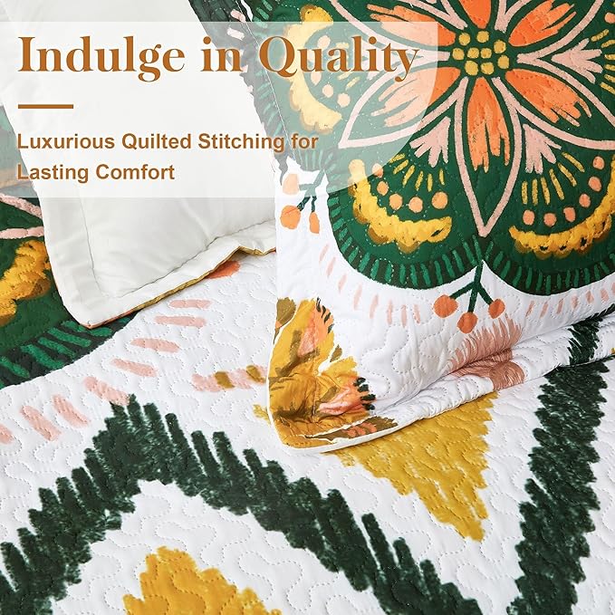 2 Piece Boho Floral Quilt Sets Twin Size Farmhouse Botanical Reversible Lightweight Bedspread Coverlet with 1 Sham Mid Century Leaves Microfiber Bedding Quilts Set for All Season, 68''x86''