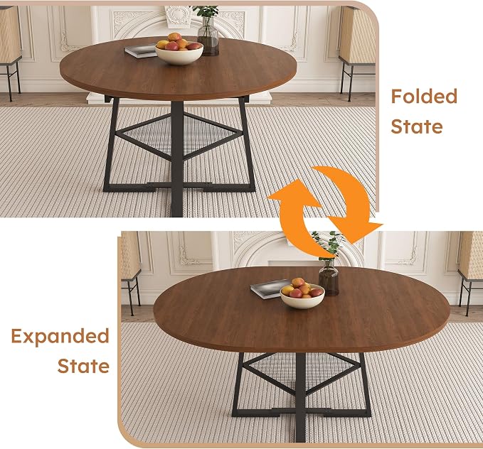 43"-59" Extendable Round Dining Table for 4-6,Mid Century Modern Walnut Wood Grain Table,Expandable Kitchen Table with Metal Storage Shelf for Small Spaces