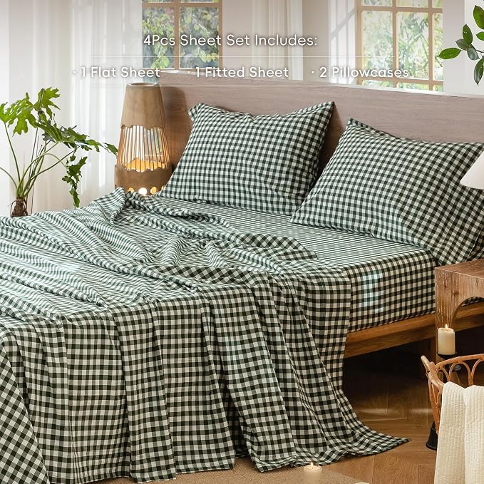 MooMee Gingham Sheet Set 100% Washed Cotton Linen Like Textured Breathable Soft w/Fully Elasticized 16-19" Deep Pocket (Classic Gingham Forest Green, Queen)