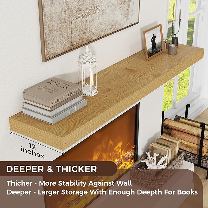 Floating Shelves for Wall, 48" W x 12" D x 2" H, 2 Pack of Long Wall Mounted Engineered Wood Shelves with Invisible Brackets for Living Room, Bedroom, Bathroom, Kitchen Decor, Oak