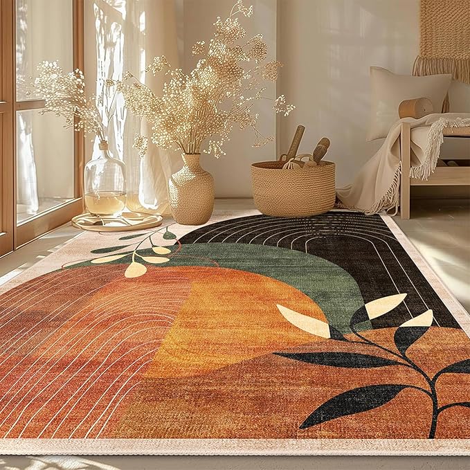MUJOO 5x7 Area Rugs for Bedroom Living Room,Boho Washable Rug Non Slip Throw Carpet for Office Dining Room Indoor Mid Century Modern Abstract Botanical Geometric Accent Terracotta