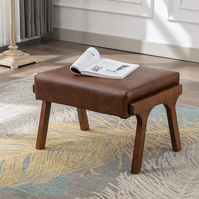 chairus Mid-Century Modern Brown Faux Leather Accent Chair with Ottoman, Comfy Upholstered Lounge Armchair with Removable Cushion & Solid Wood Frame, Retro Reading Chair for Living Room Bedroom Office