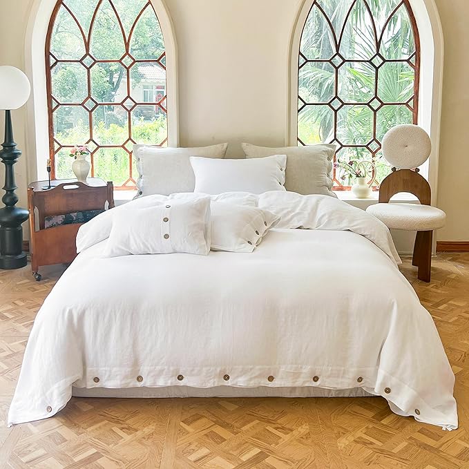 Simple&Opulence 100% Linen Duvet Cover Set 3pcs with Coconut Button Closure Natural French Washed Flax Solid Color Soft Breathable Farmhouse Bedding - White, California King