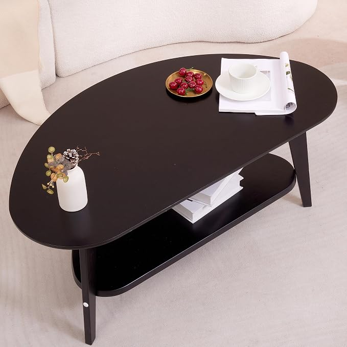 NAVREX Mid Century Modern Coffee Table, Oval Coffee Tables with Storage for Living Room, 2 Tier Solid Wood Center Table, Black Coffe Tables, Value Lies in Material, Easy Assembly, 40.2"*22"
