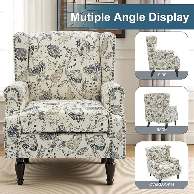 Wingback Chairs Set of 2, High Back Floral Accent Chair in Fabric, Comfy Upholstered Armchair with Nailhead Trim for Living Room, Single Sofa Reading Chair for Small Spaces, Bedroom-Plants Beige