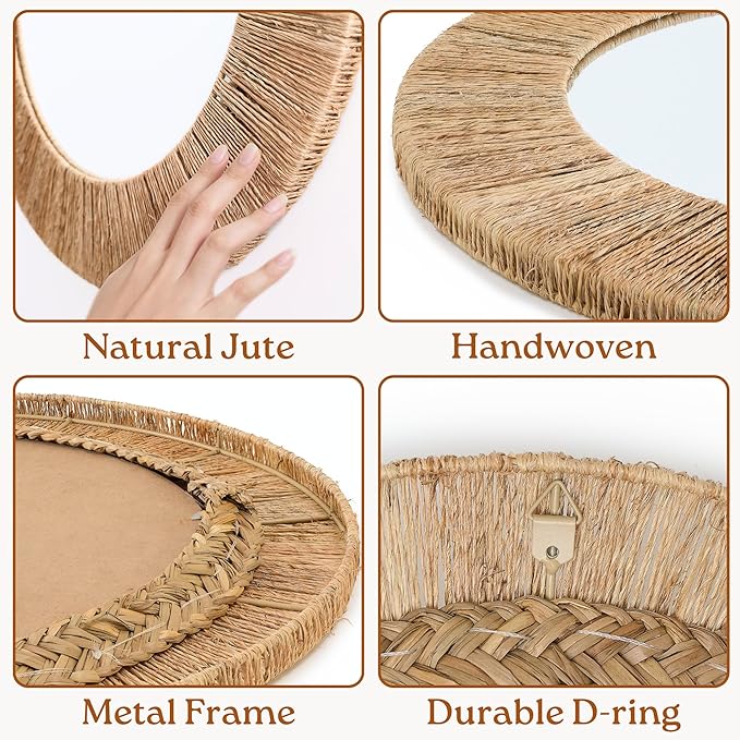 Chi An Home 24 Inch Natural Jute Mirror, Wall Mounted Round Mirror with Metal Frame, Wall Decor Rustic Farmhouse Boho Decor Accent for Bathroom, Bedroom, Living Room, or Entryway
