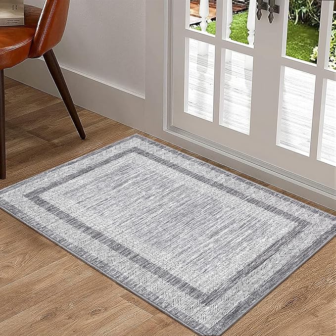 GarveeHome Modern Geometric Area Rug 2x3 Distressed Bordered Washable Non Slip Floor Small Carpet Non Shedding Thin Soft Low Pile Rug, Contemporary Gray Rug for Dining Room, Living Room