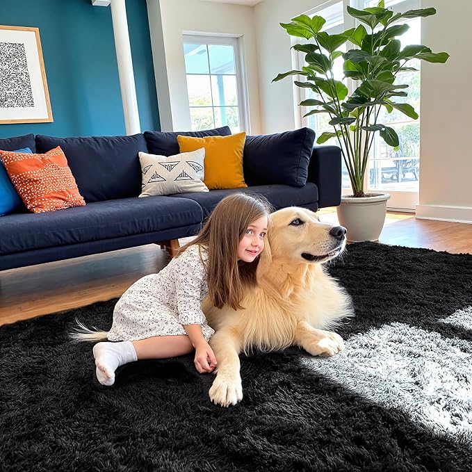 5x8 Area Rug for Living Room, Modern Black Super Shag Shaggy Soft Washable Indoor Fuzzy Carpet Non-Slip Fluffy Rugs for Bedroom Home Aesthetic Decor