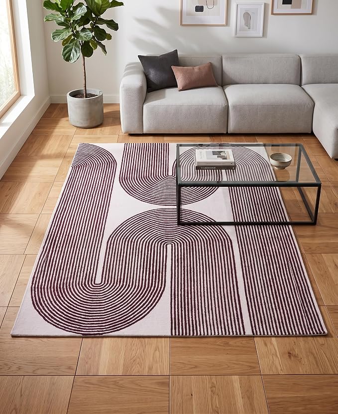 Modern Handmade Wool Area Rug, Abstract Curved Line Geometric Indoor Carpet for Living Room Bedroom, Contemporary Tufted Rug with Soft Pile and Cotton Backing (Deep Plum, 6' x 8')