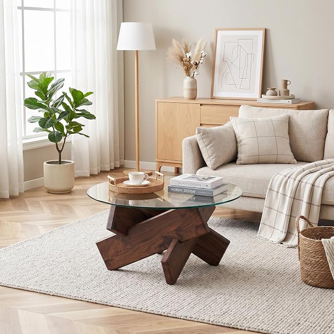 Round Glass Coffee Table, 33.4 Inch Clear Tempered Glass Top Coffee Table with Walnut Crossed Legs, Modern Small Glass Center Table for Living Room Home
