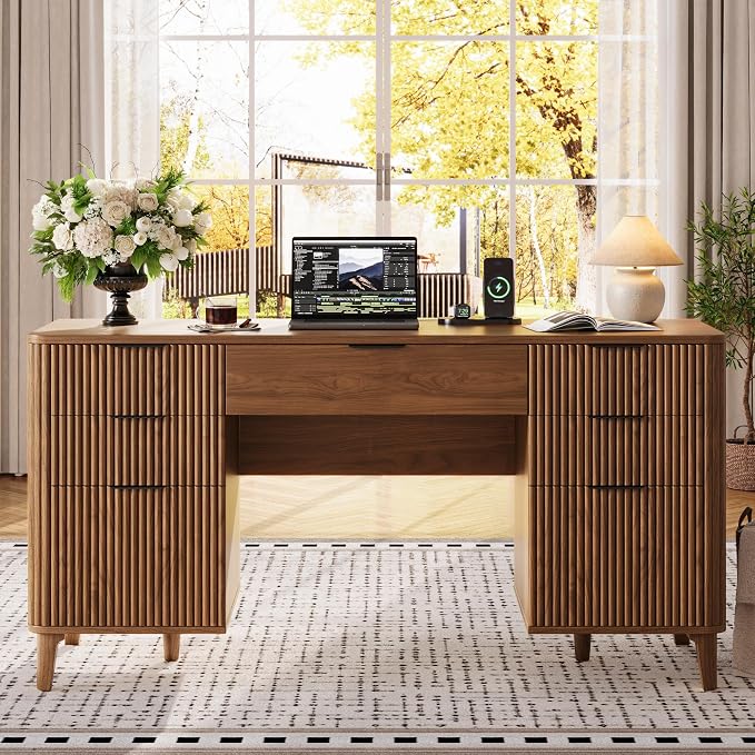 Walnut Desk with Drawers, 55" Fluted Executive Desk with Storage Cabinet, Wood Home Office Desk with File Cabinet, Modern Computer Writing Desk for Study, Living Room, Bedroom