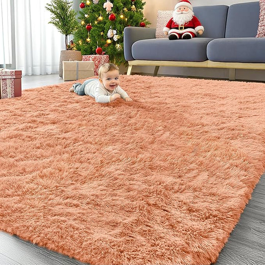OLANLY 9x12 Machine Washable Large Area Rugs for Living Room, Bedroom, Soft Fluffy Shaggy Bedside Rug, Indoor Floor Carpet for Kids Girls and Boys, Dorms, Nursery, Home Decor, Muted Orange