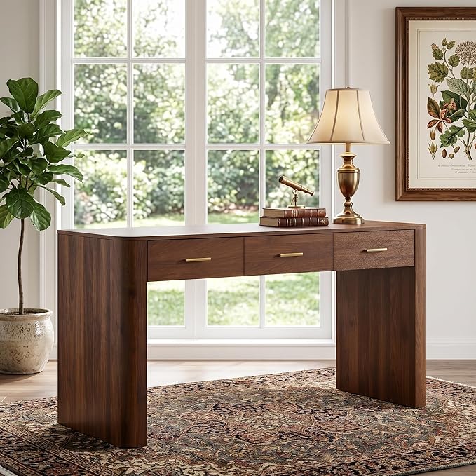 Merax Modern Minimalist Computer Desk with 3 Storage Drawers, 58.3" Wood Computer Desk with Rounded Edges & Reinforced Legs, Large Home Writing Desk for Bedroom, Dark Walnut