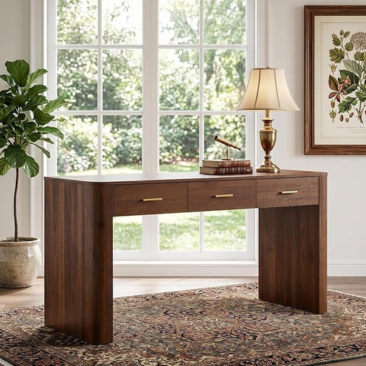 Merax Modern Minimalist Computer Desk with 3 Storage Drawers, 58.3" Wood Computer Desk with Rounded Edges & Reinforced Legs, Large Home Writing Desk for Bedroom, Dark Walnut