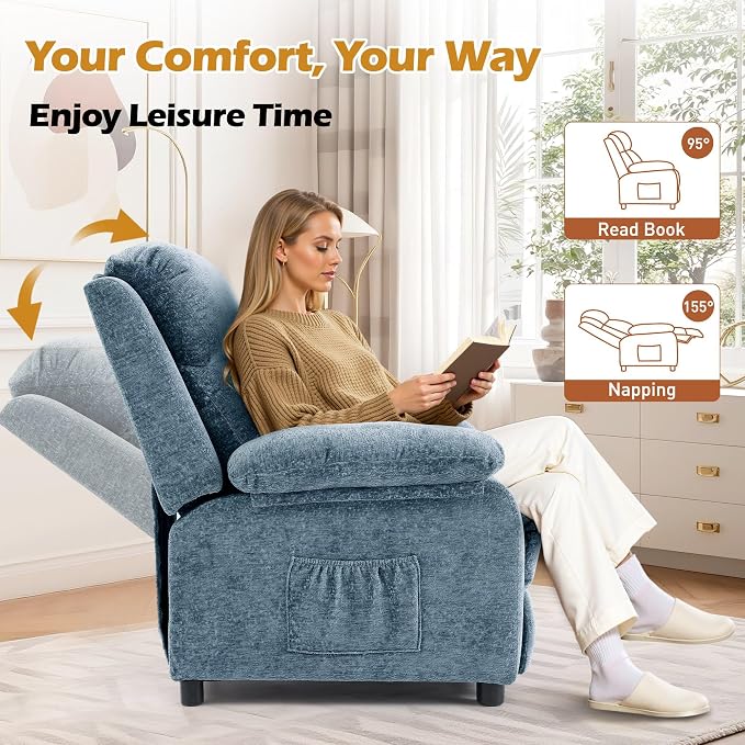 Korser Recliner Chair, Living Room Chairs for Adults, Padded Deep Seat Reading Chair with Side Pockets, Small Recliners for Small Spaces, Lounge Chair for Living Room, Bedroom, and RV (Chenille)