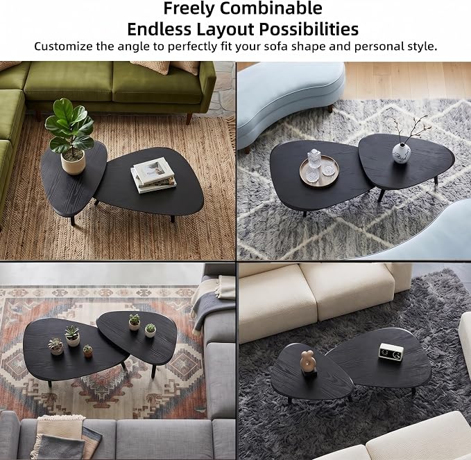Nesting Coffee Table Set of 2-Mid Century Modern Wooden Coffee Table,Guitar Pick Stacking Tables with Solid Wood Legs,Small Coffee Tables for Small spaces,Living Room,Apartment,Balcony (Black)